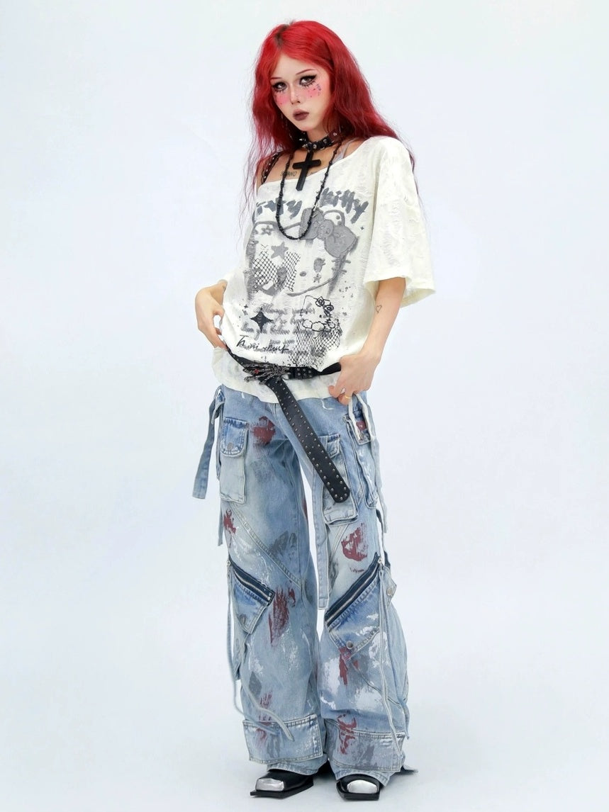 NANAICHILLI Graphic Creative Print Street Loose Fit Crew Neck Black White T-Shirt