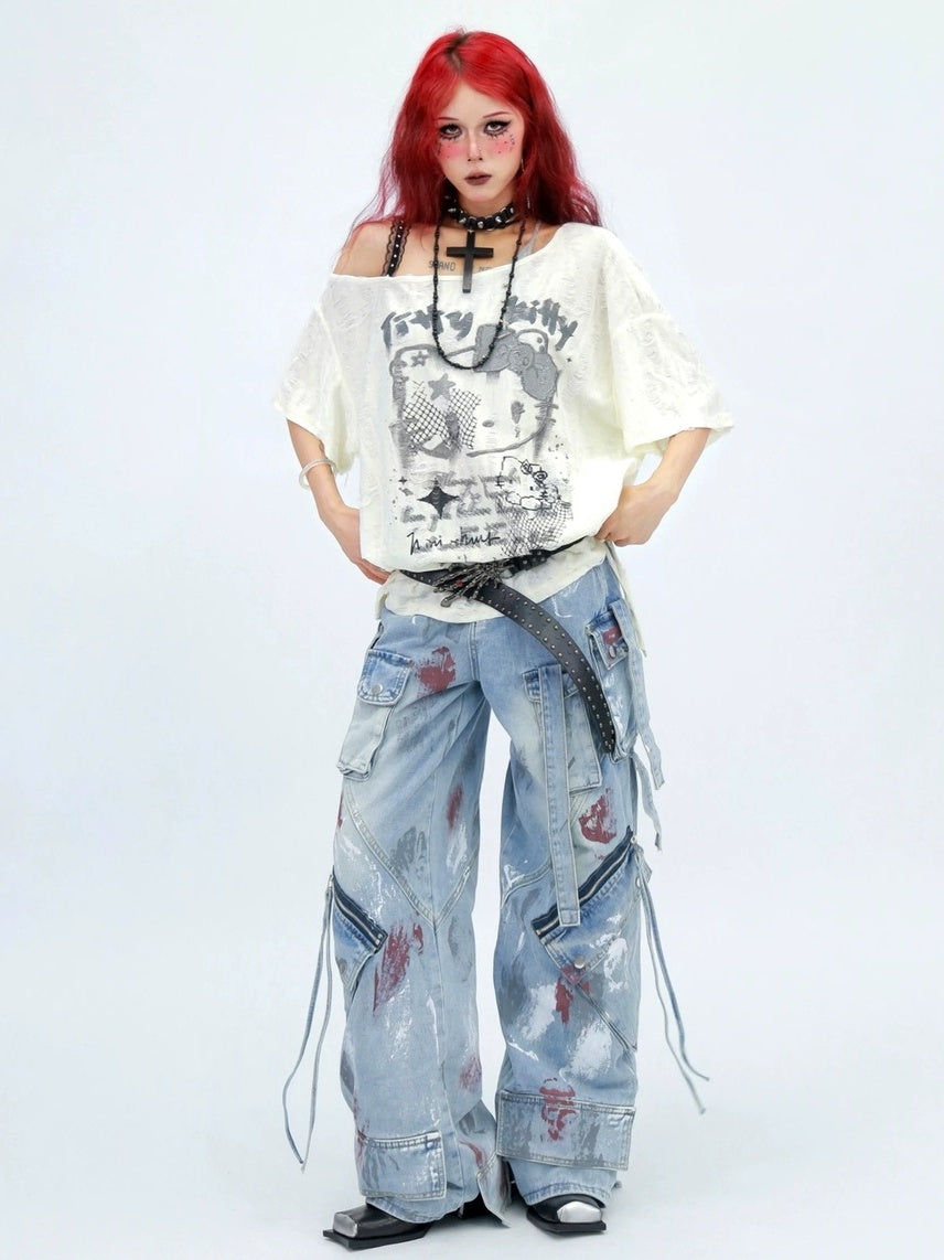 NANAICHILLI Graphic Creative Print Street Loose Fit Crew Neck Black White T-Shirt