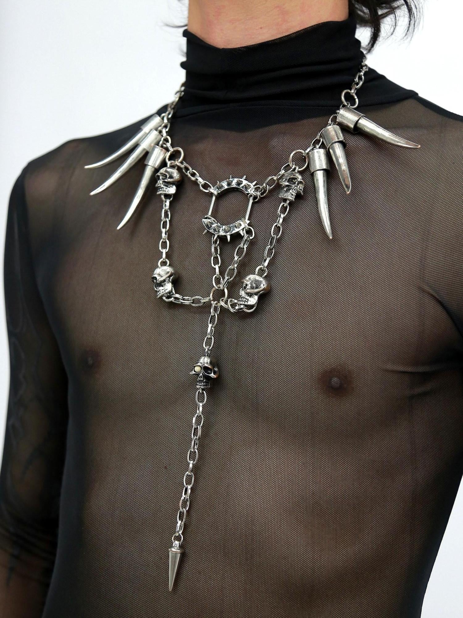 NANAICHILLI Gunmetal Punk Skull Spike Layered Chain Women&