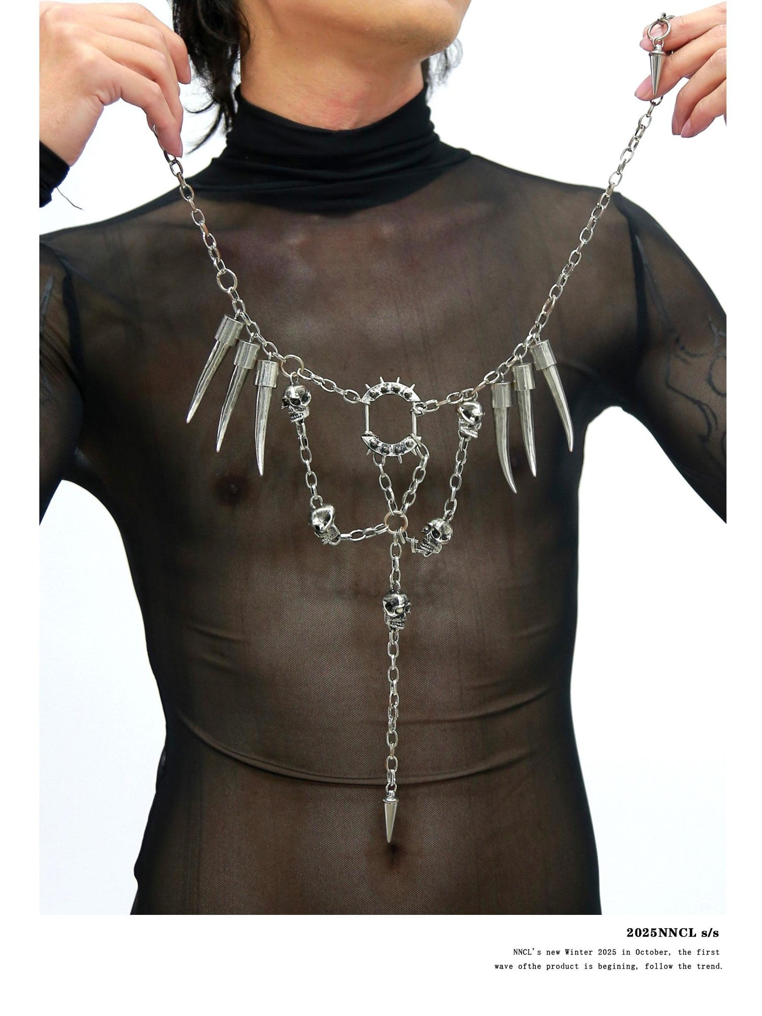 NANAICHILLI Gunmetal Punk Skull Spike Layered Chain Women&