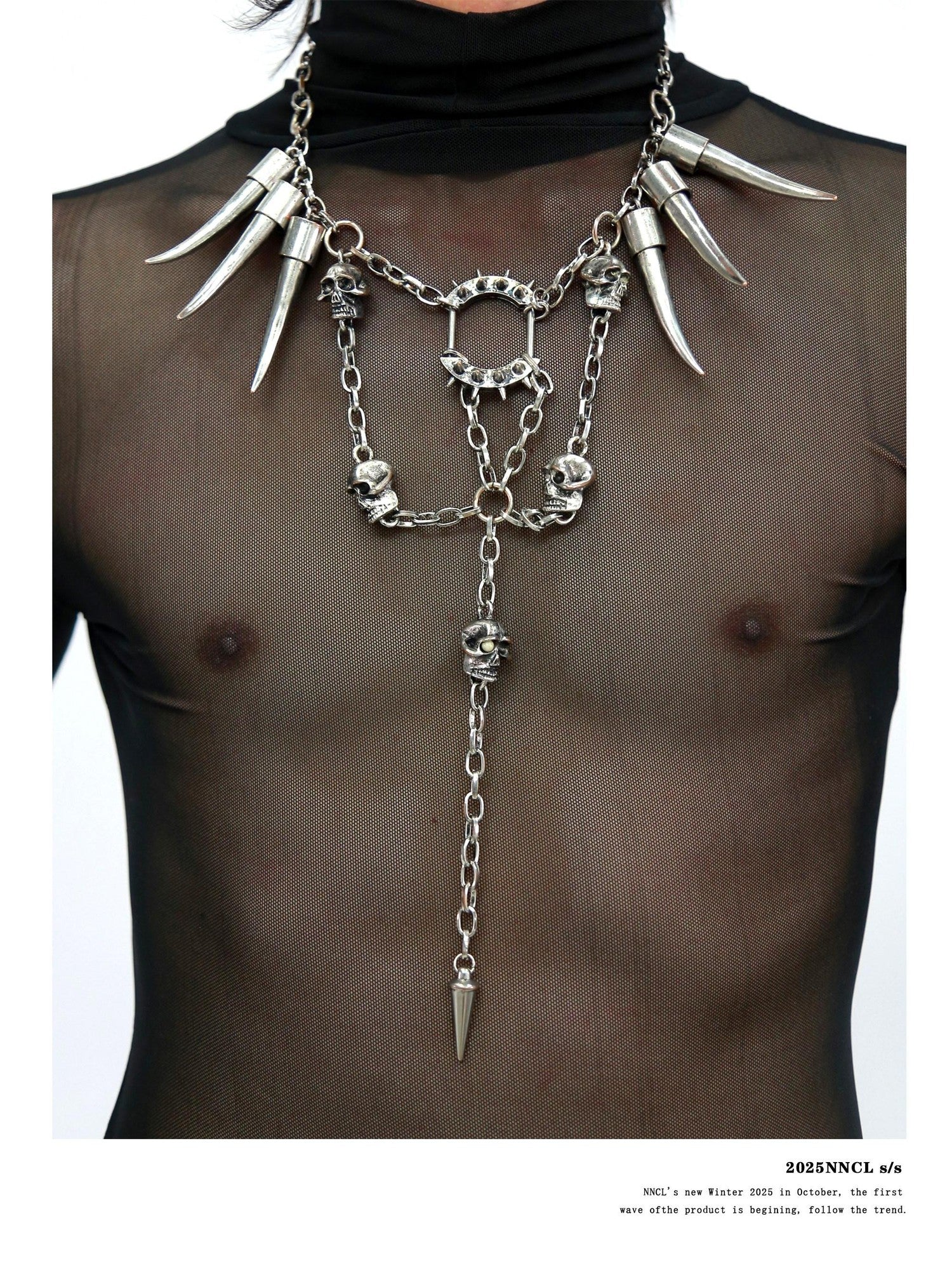 NANAICHILLI Gunmetal Punk Skull Spike Layered Chain Women&