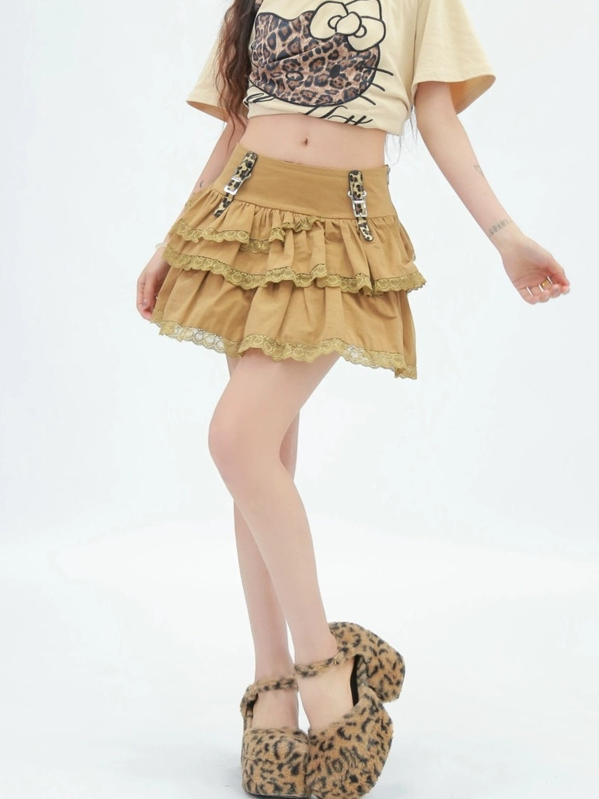 NANAICHILLI High Waist Ruffled Tiered Creative Solid Cotton Casual Black Brown Mini Skirt