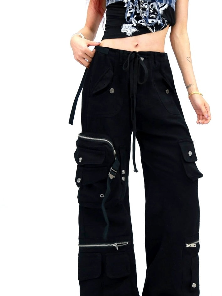 NANAICHILLI High Waist Wide Leg Cargo Zipper Fly Loose Black Casual Jeans