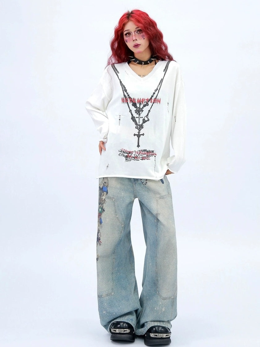 NANAICHILLI High Waist Wide Leg Loose Fit Casual Zipper Fly Blue Long Jeans