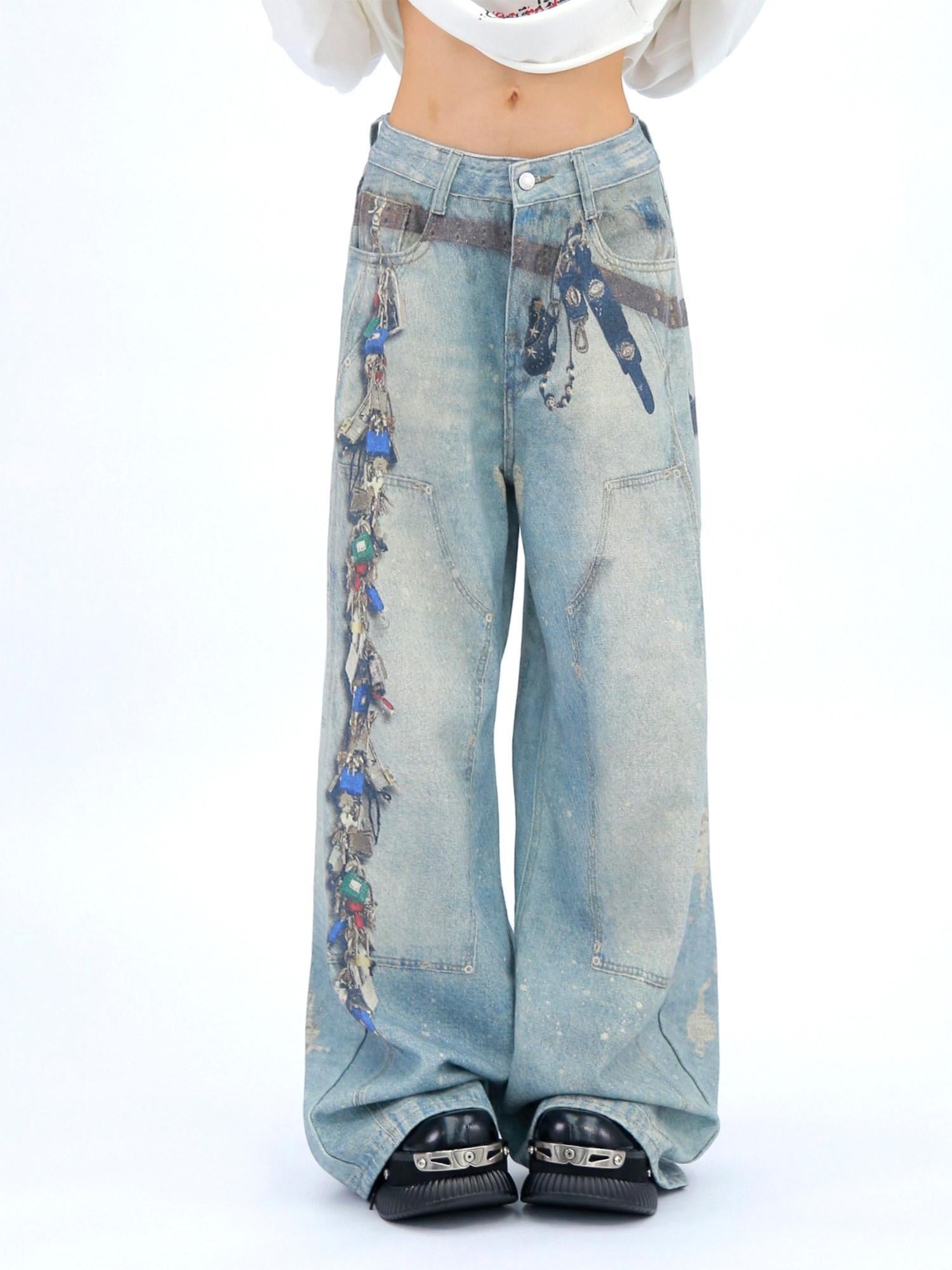 NANAICHILLI High Waist Wide Leg Loose Fit Casual Zipper Fly Blue Long Jeans
