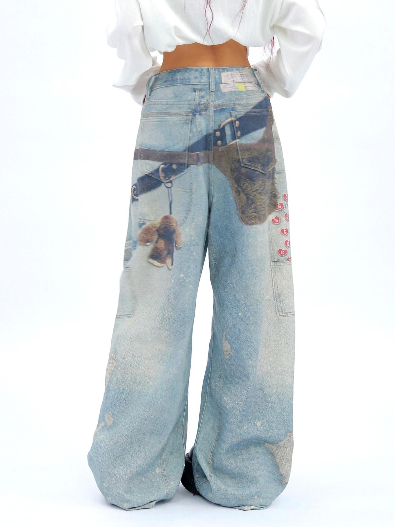 NANAICHILLI High Waist Wide Leg Loose Fit Casual Zipper Fly Blue Long Jeans