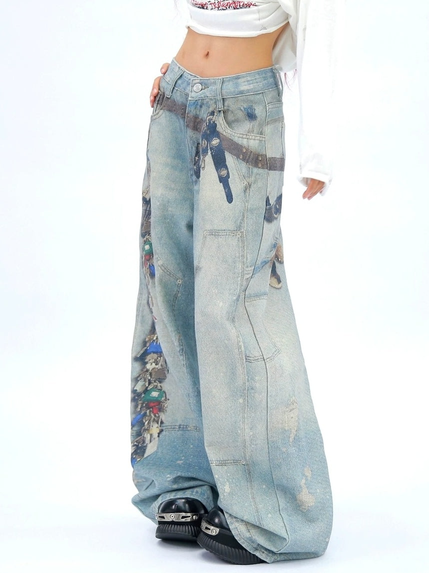 NANAICHILLI High Waist Wide Leg Loose Fit Casual Zipper Fly Blue Long Jeans