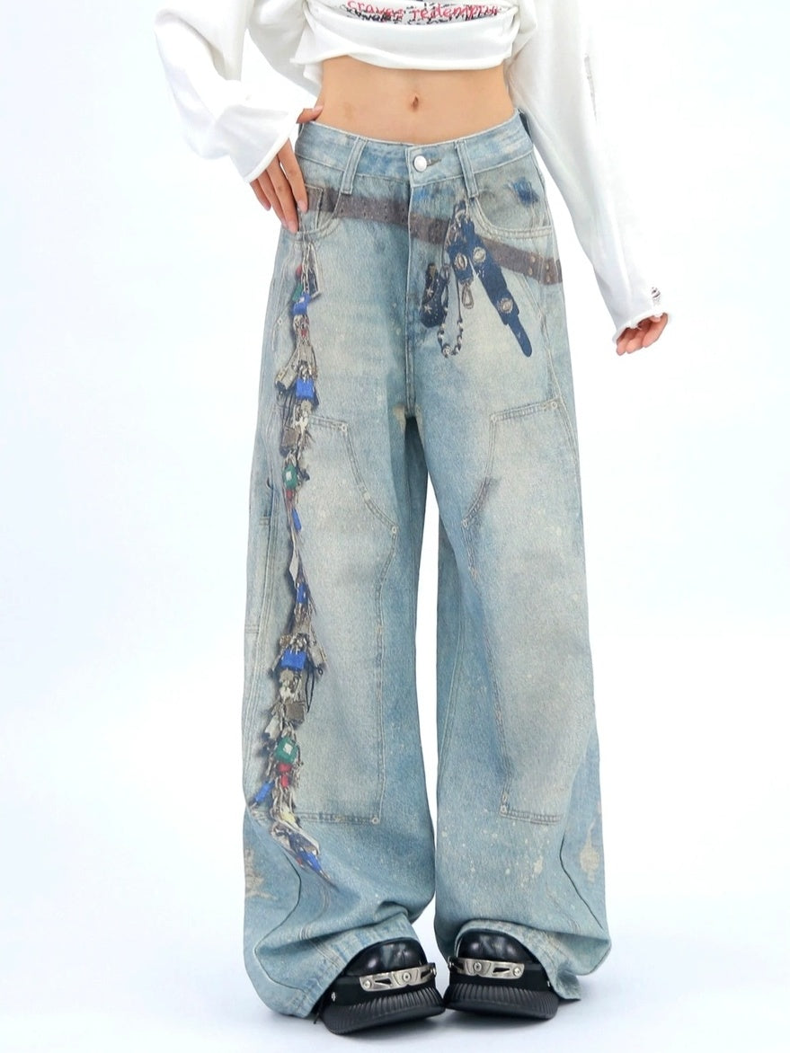 NANAICHILLI High Waist Wide Leg Loose Fit Casual Zipper Fly Blue Long Jeans
