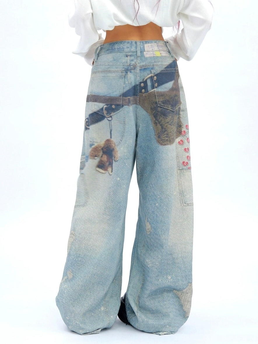 NANAICHILLI High Waist Wide Leg Loose Fit Casual Zipper Fly Blue Long Jeans