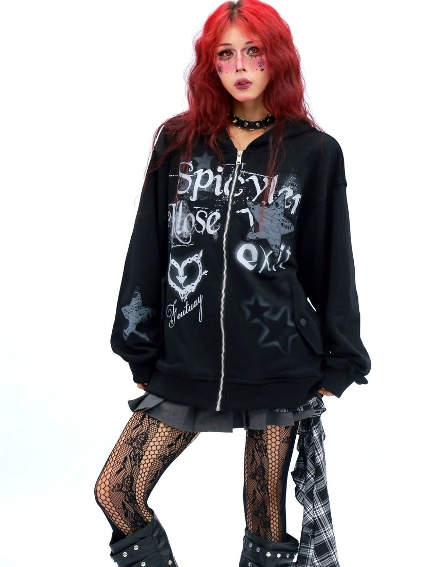 NANAICHILLI Loose Fit Zip Front Street Style Unisex Long Sleeve Hooded Black White Hoodies