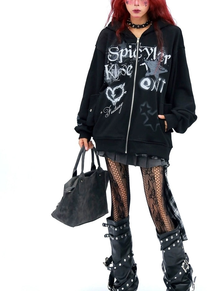 NANAICHILLI Loose Fit Zip Front Street Style Unisex Long Sleeve Hooded Black White Hoodies