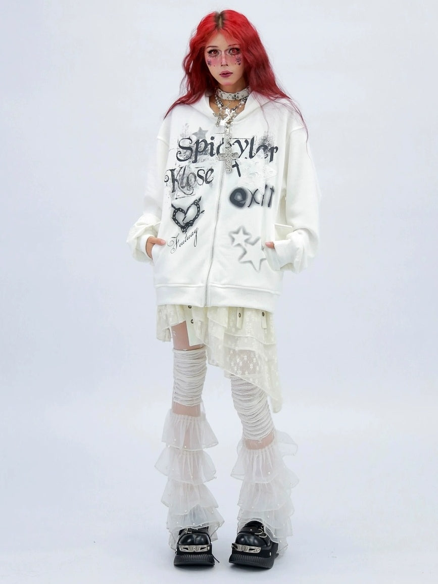 NANAICHILLI Loose Fit Zip Front Street Style Unisex Long Sleeve Hooded Black White Hoodies