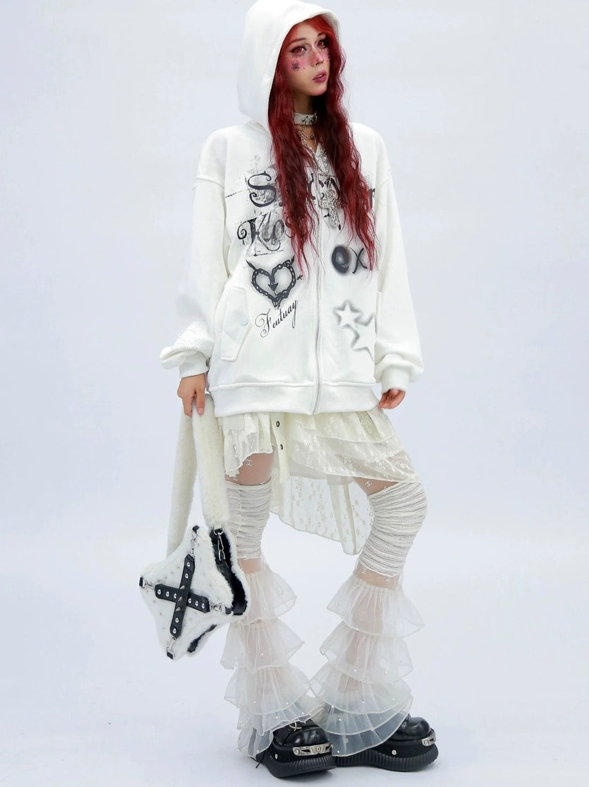 NANAICHILLI Loose Fit Zip Front Street Style Unisex Long Sleeve Hooded Black White Hoodies