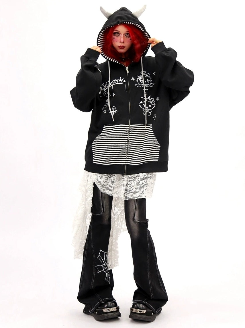 NANAICHILLI Loose Fit Zip Up Cartoon Anime Streetwear Hooded Black Gray Hoodies