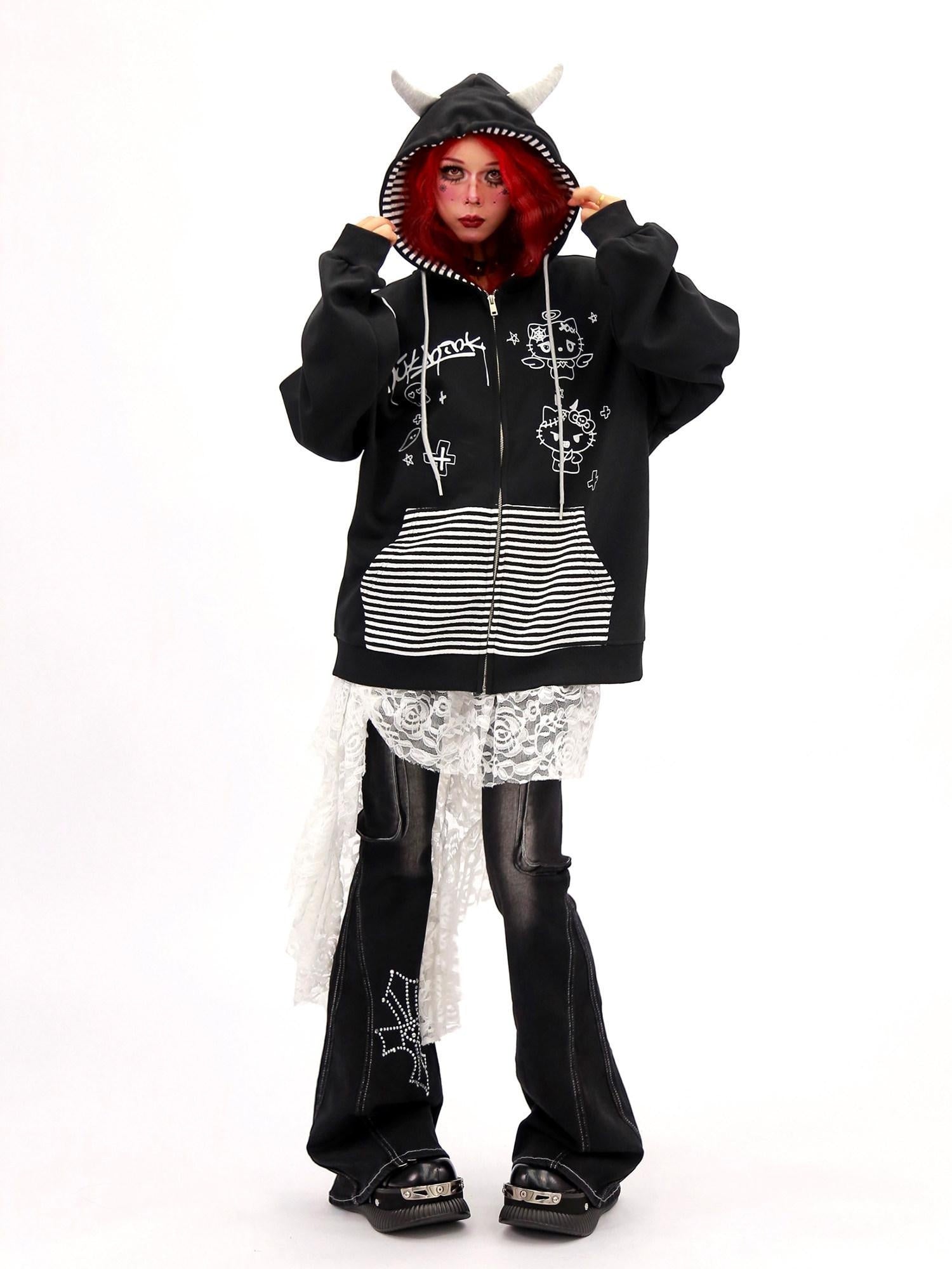 NANAICHILLI Loose Fit Zip Up Cartoon Anime Streetwear Hooded Black Gray Hoodies