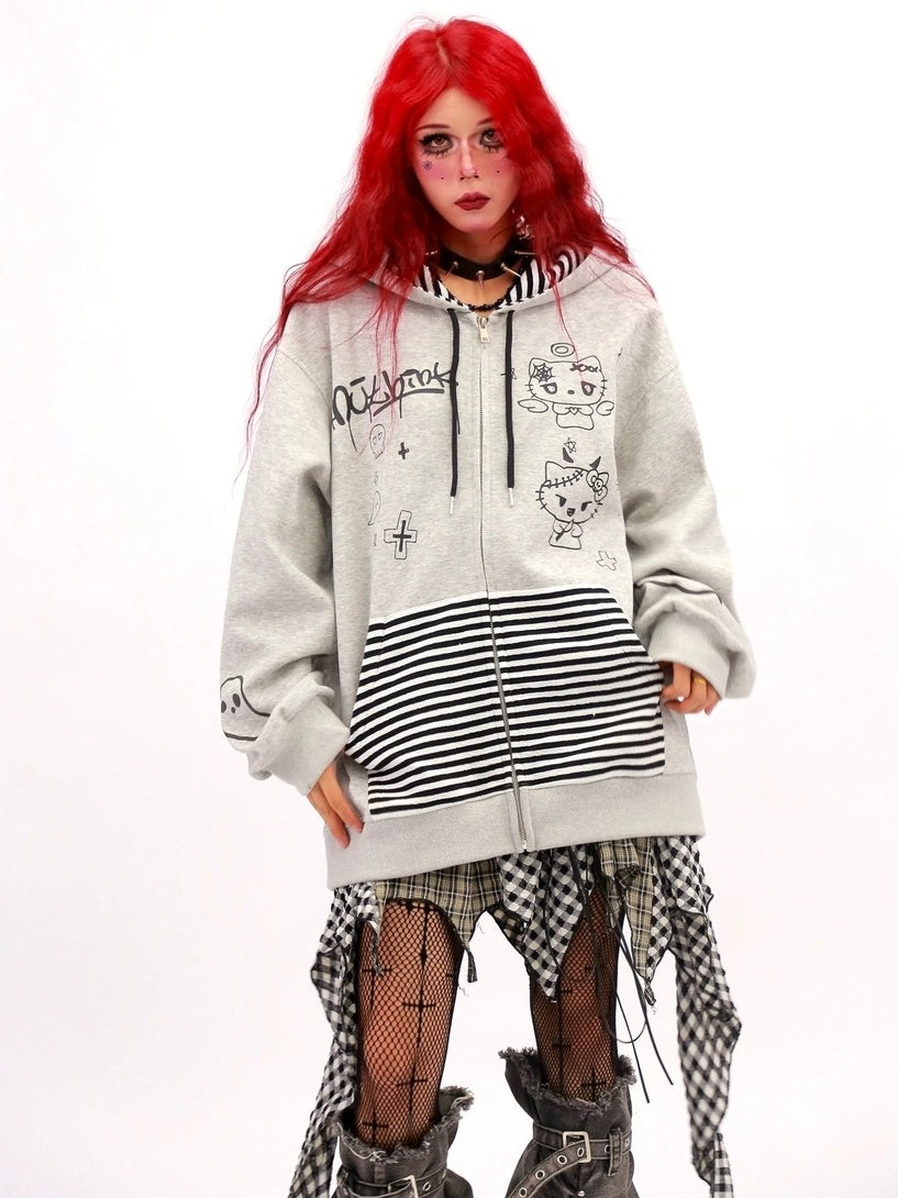 NANAICHILLI Loose Fit Zip Up Cartoon Anime Streetwear Hooded Black Gray Hoodies