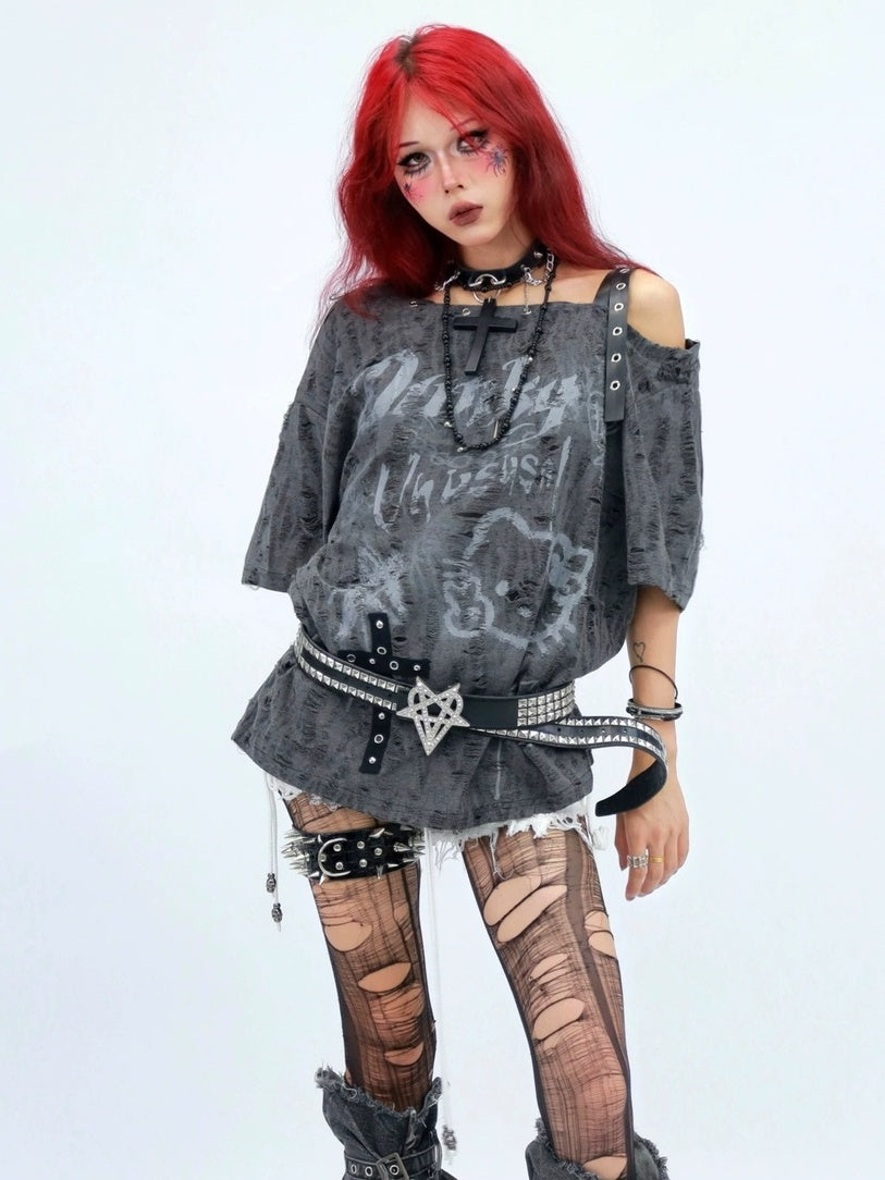 NANAICHILLI Moisture Wicking Cartoon Print Streetwear Loose Boat Neck Beige T-Shirt