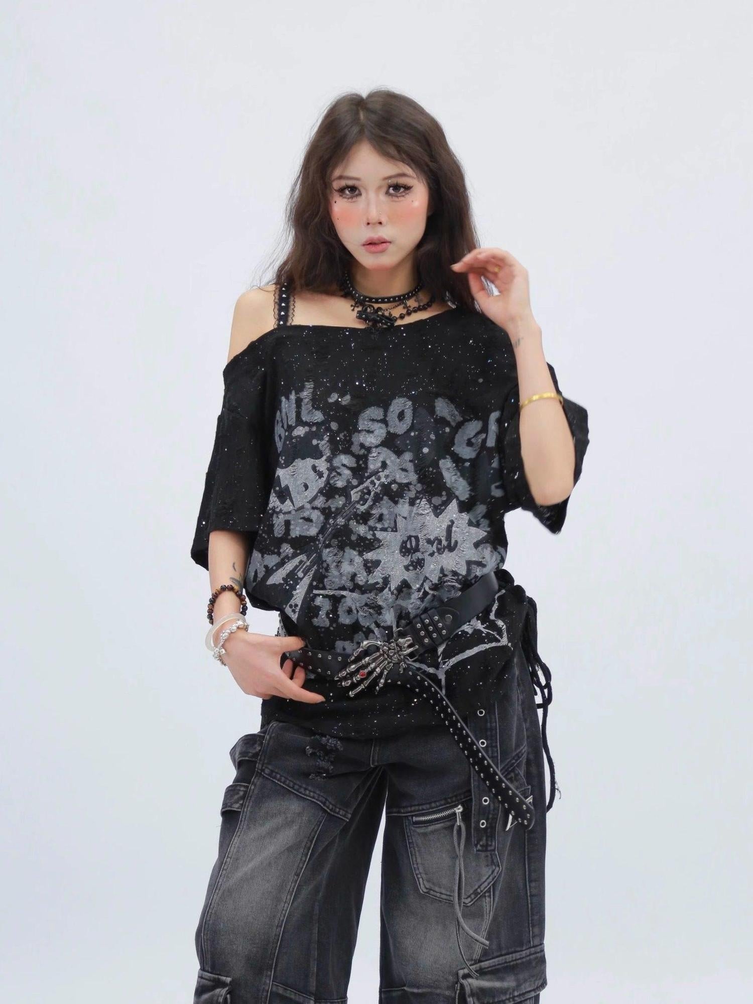 NANAICHILLI Moisture Wicking Casual Loose Printed Boat Neck Women Almond Black T-Shirt