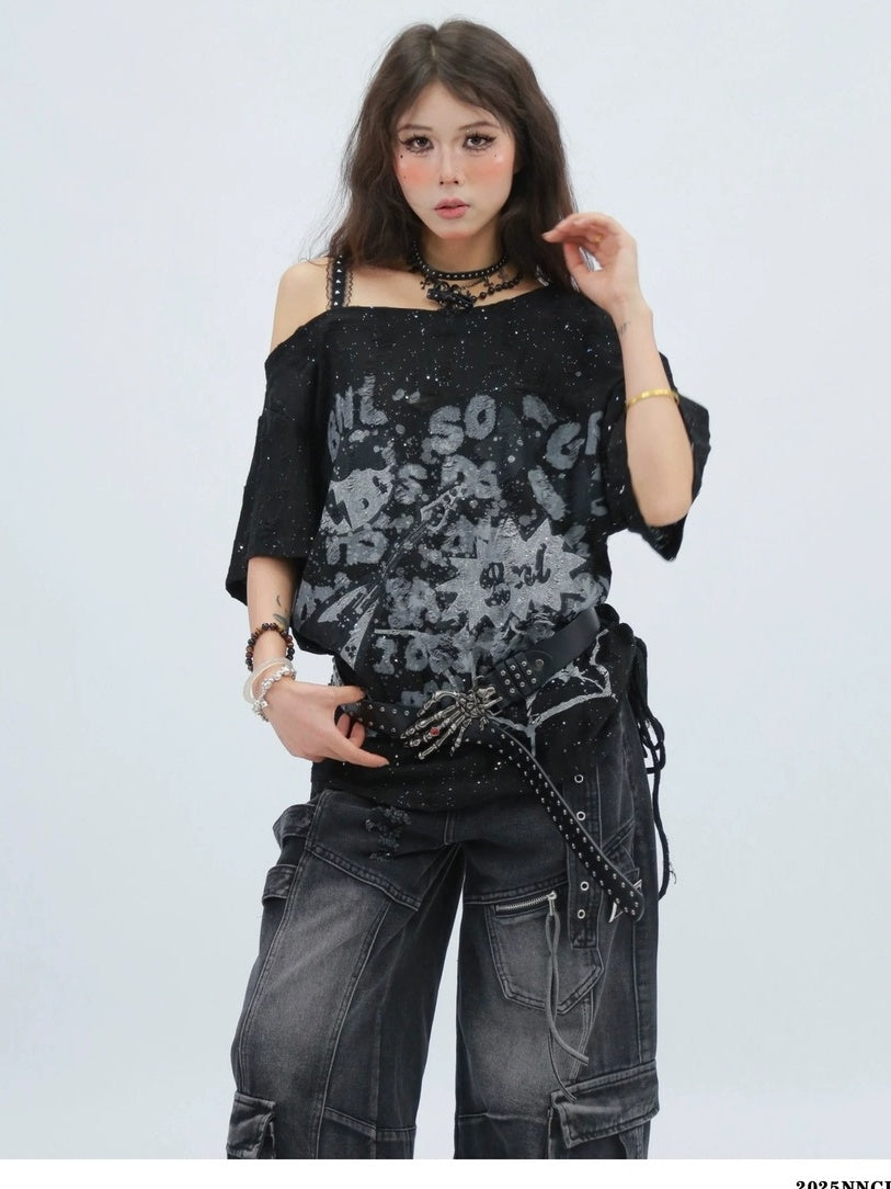 NANAICHILLI Moisture Wicking Casual Loose Printed Boat Neck Women Almond Black T-Shirt