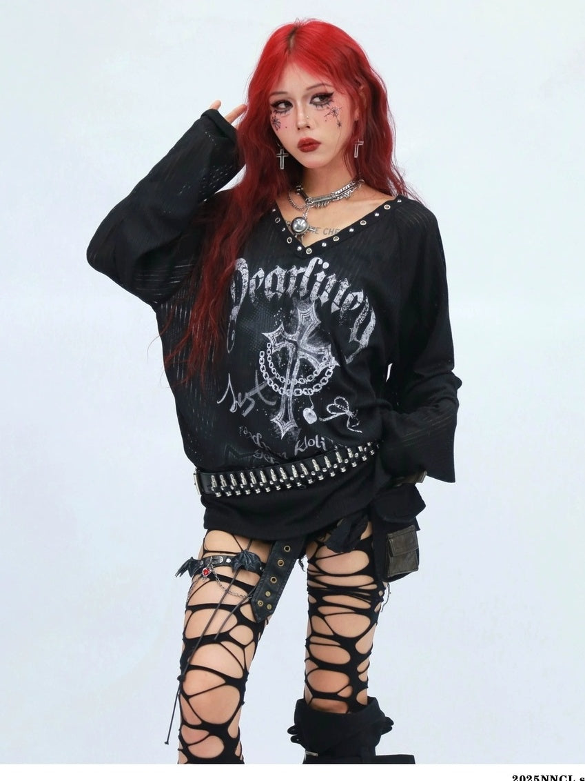 NANAICHILLI Moisture Wicking Casual Loose V Neck Studded Print Women Long Sleeve T-Shirt