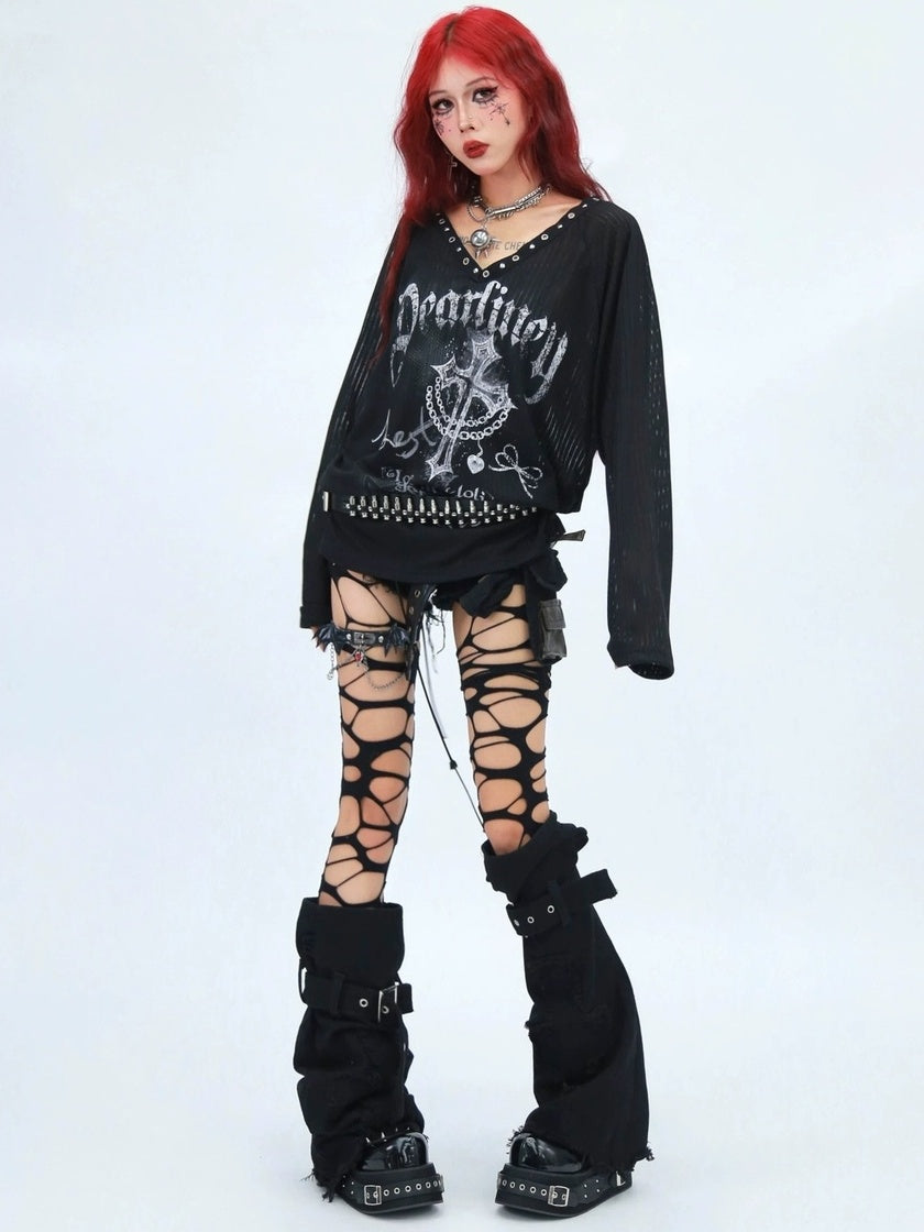 NANAICHILLI Moisture Wicking Casual Loose V Neck Studded Print Women Long Sleeve T-Shirt