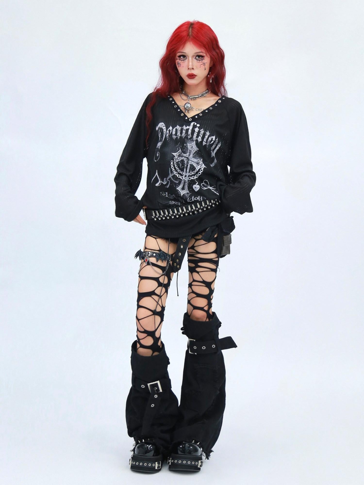 NANAICHILLI Moisture Wicking Casual Loose V Neck Studded Print Women Long Sleeve T-Shirt