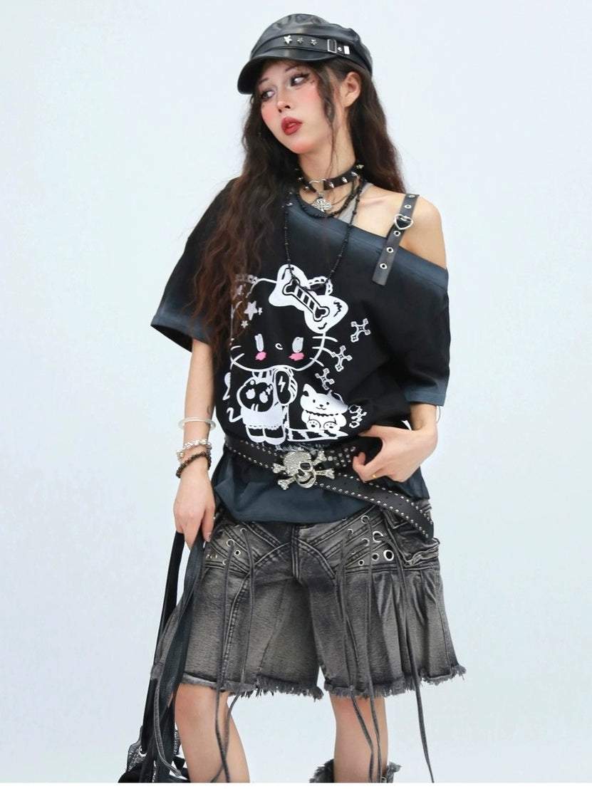 NANAICHILLI Moisture Wicking Cotton Street Loose Oblique Neck Printed Unisex Cartoon T-Shirt