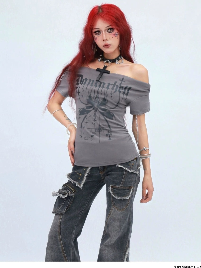 NANAICHILLI Moisture Wicking Cotton Stretch Slim Fit Street Cross Print Boat Neck T-Shirt