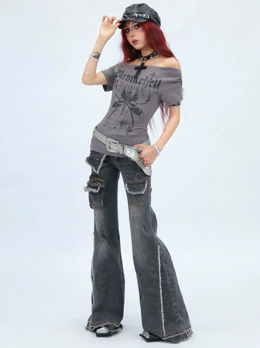 NANAICHILLI Moisture Wicking Cotton Stretch Slim Fit Street Cross Print Boat Neck T-Shirt