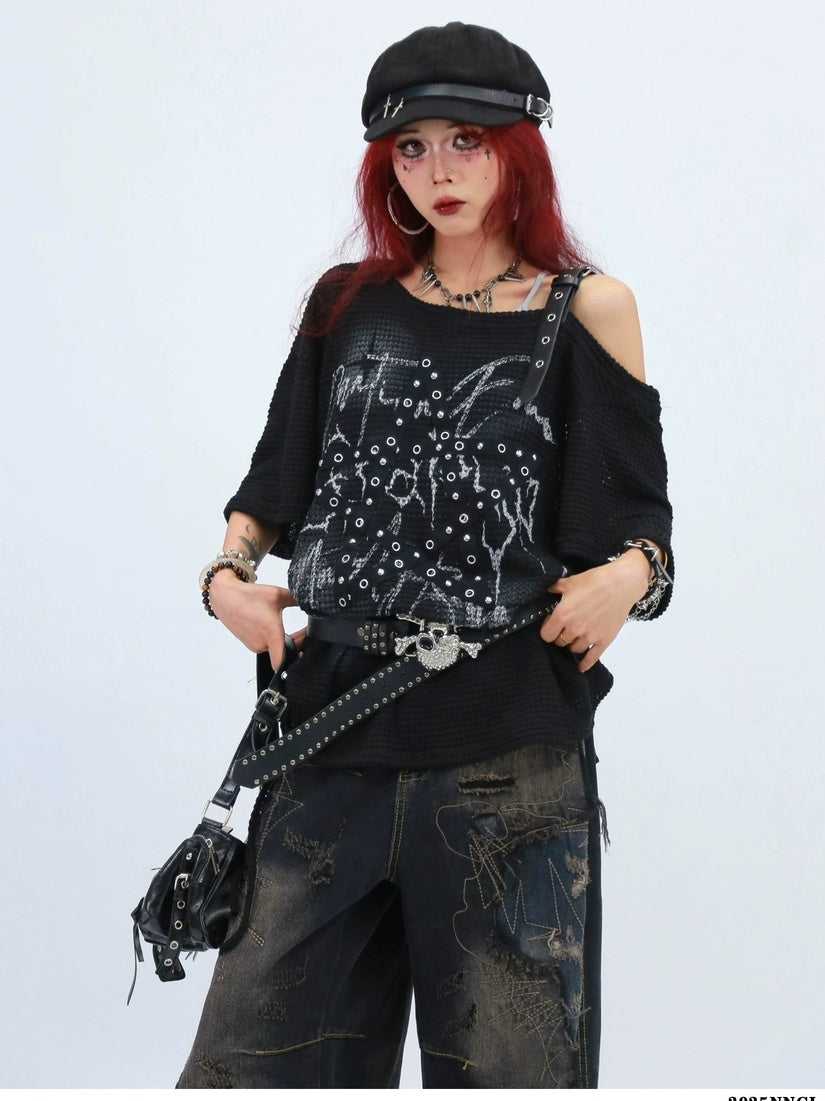 NANAICHILLI Moisture Wicking Loose Fit Street Angled Neckline Geometric Print T-Shirt