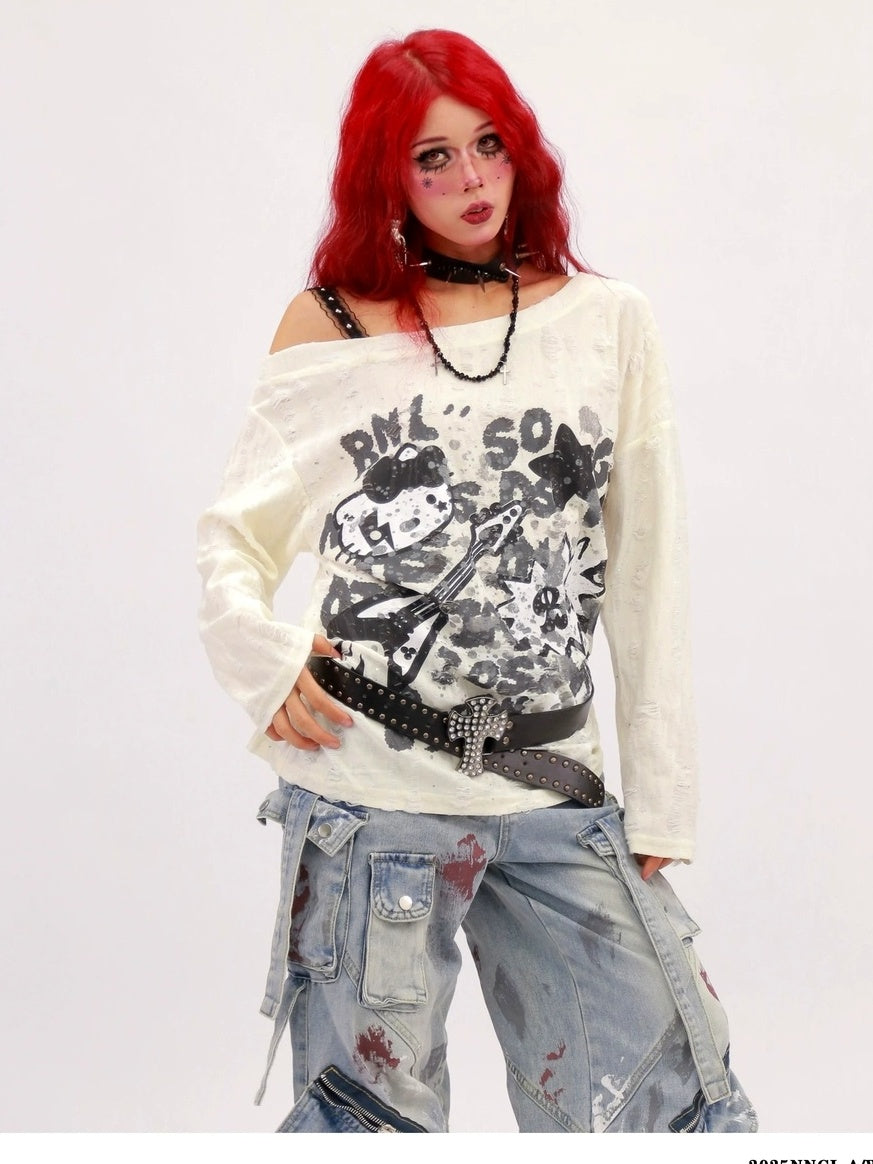 NANAICHILLI Moisture Wicking Music Rock Print Loose Fit Sexy Girl Beige Long Sleeve T-Shirt