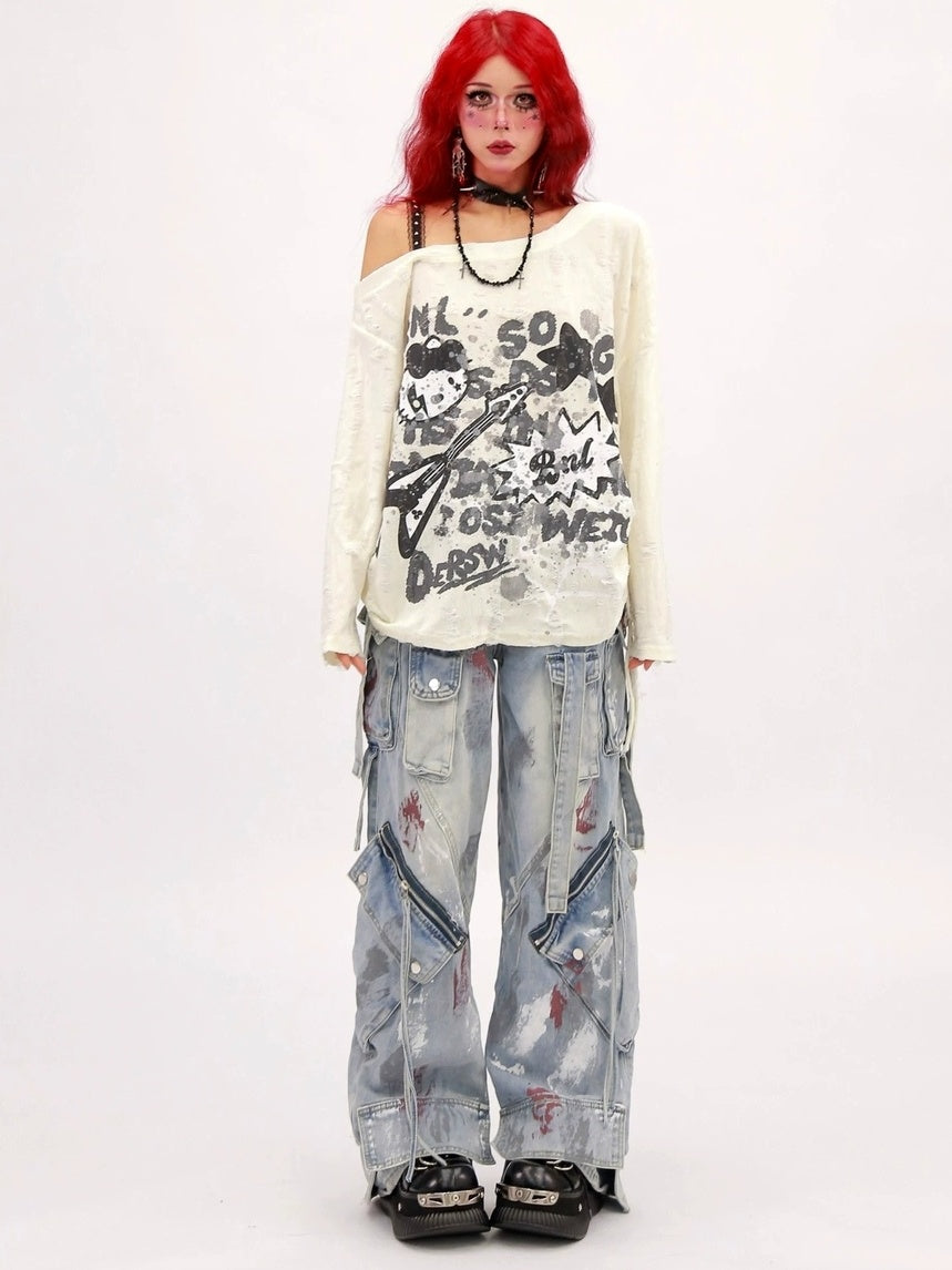 NANAICHILLI Moisture Wicking Music Rock Print Loose Fit Sexy Girl Beige Long Sleeve T-Shirt