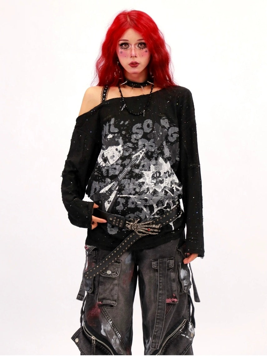 NANAICHILLI Moisture Wicking Music Rock Print Loose Fit Sexy Girl Beige Long Sleeve T-Shirt