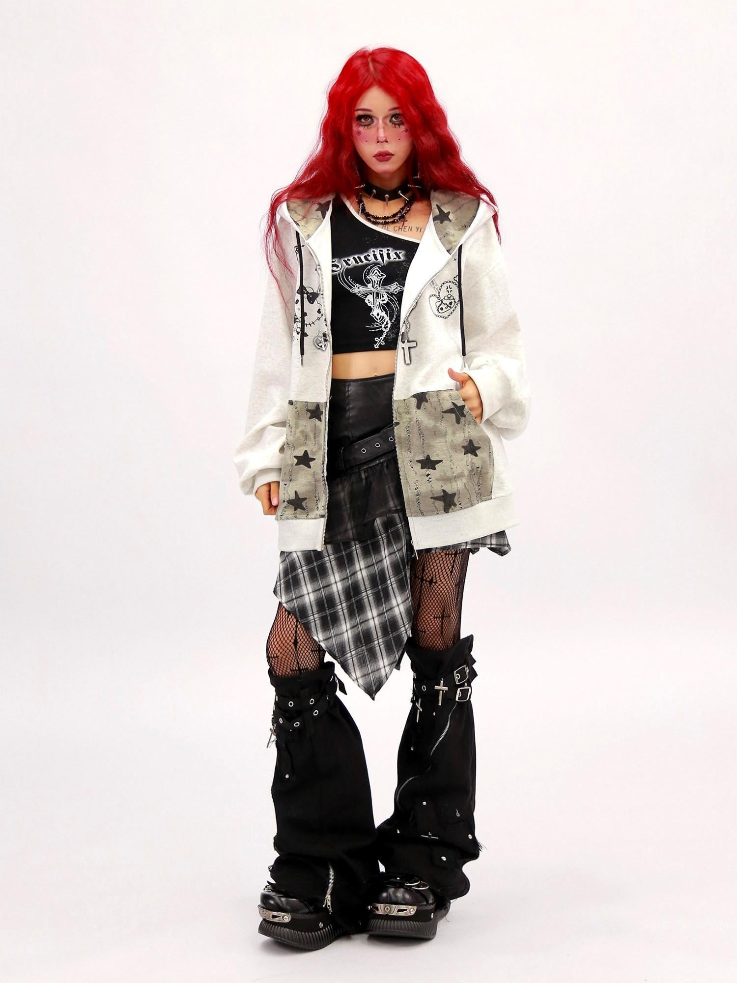 NANAICHILLI Oversized Cartoon Graphic Zip Up Street Style Hooded Beige Black Gray Hoodies