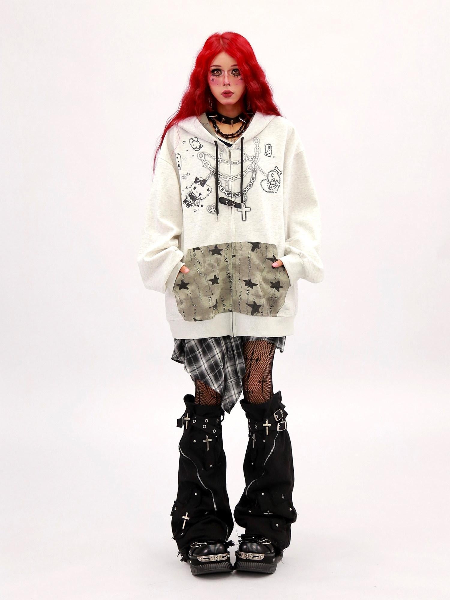 NANAICHILLI Oversized Cartoon Graphic Zip Up Street Style Hooded Beige Black Gray Hoodies