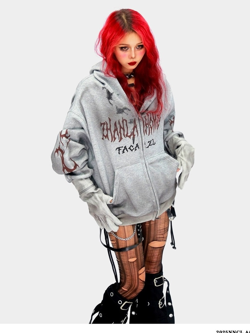 NANAICHILLI Oversized Relaxed Fit Zip Up Street Style Long Sleeve Red Black Gray Hoodies