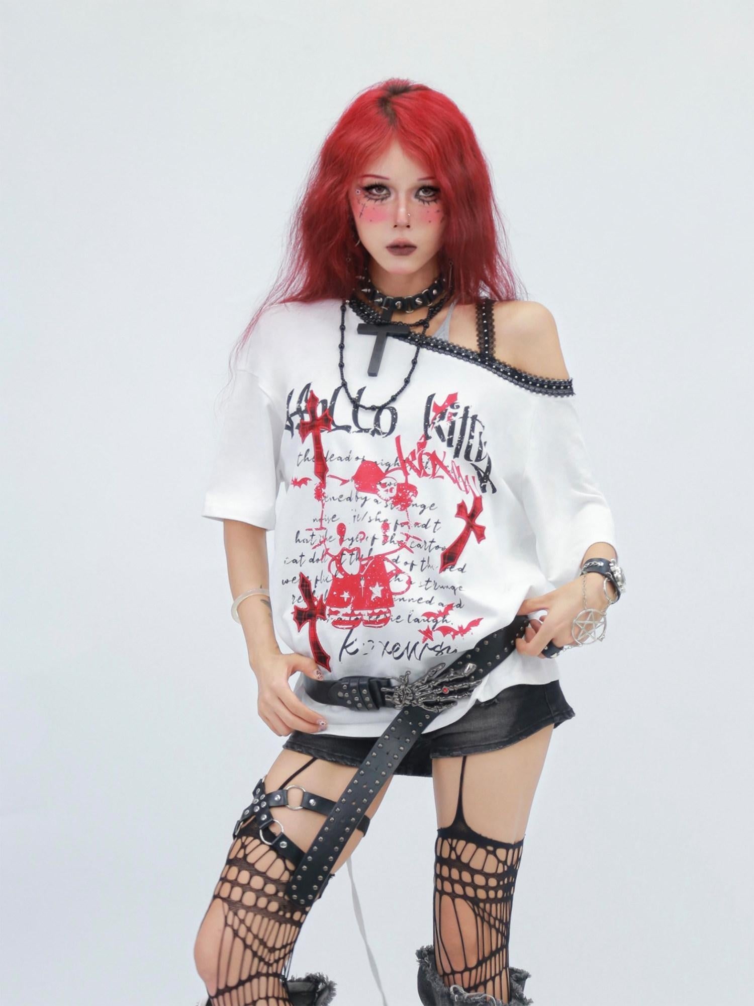 NANAICHILLI Printed Creative Streetwear Loose Fit Crewneck Cotton Black T-Shirt