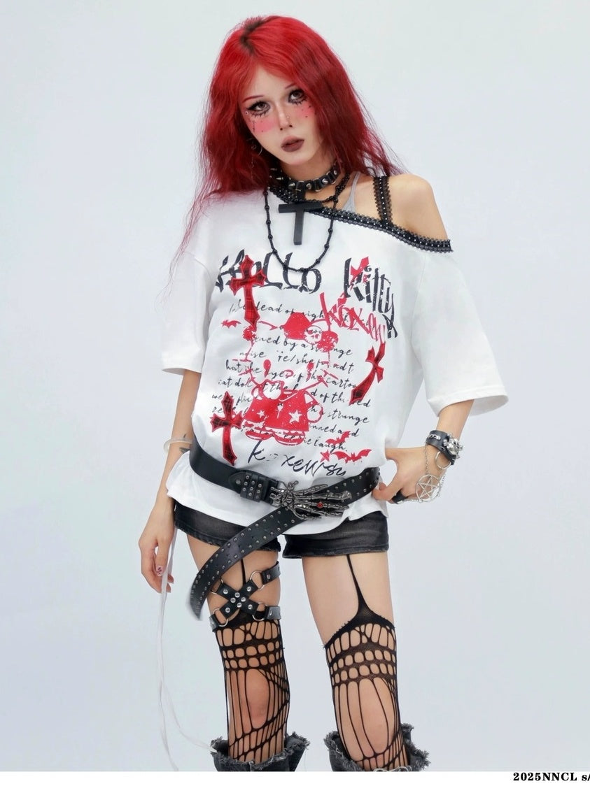 NANAICHILLI Printed Creative Streetwear Loose Fit Crewneck Cotton Black T-Shirt