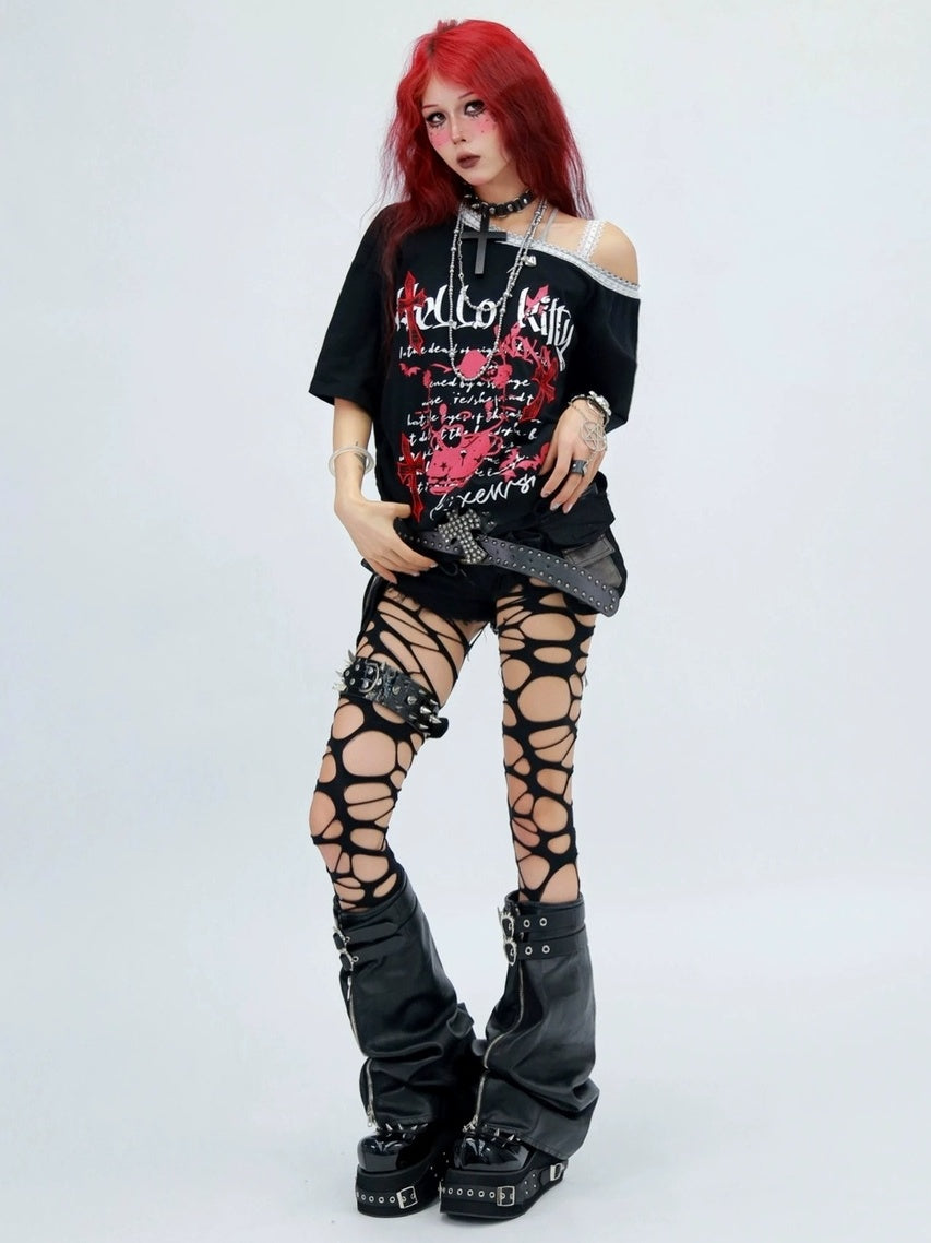 NANAICHILLI Printed Creative Streetwear Loose Fit Crewneck Cotton Black T-Shirt