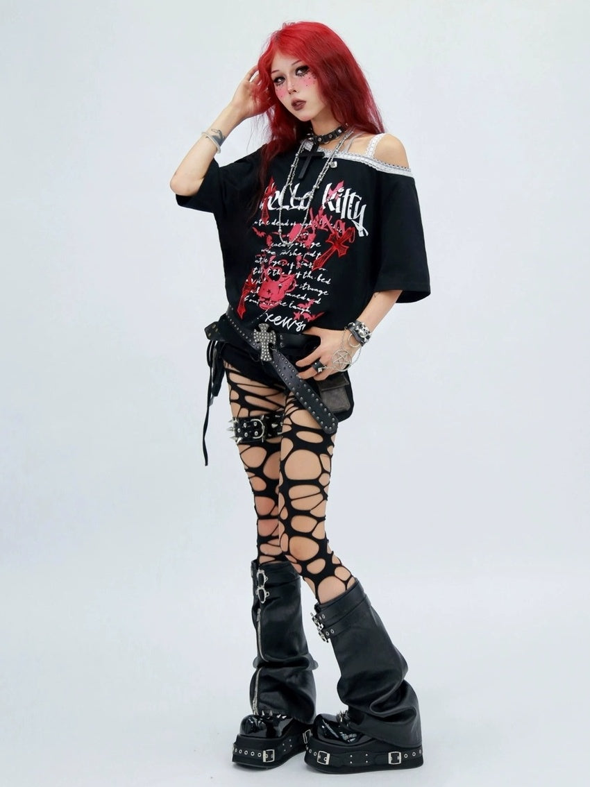 NANAICHILLI Printed Creative Streetwear Loose Fit Crewneck Cotton Black T-Shirt