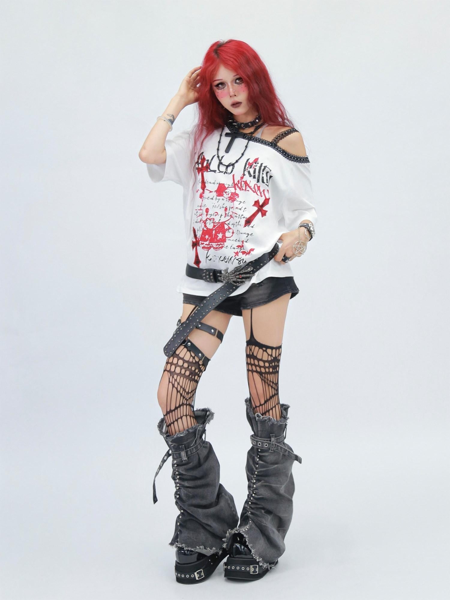 NANAICHILLI Printed Creative Streetwear Loose Fit Crewneck Cotton Black T-Shirt