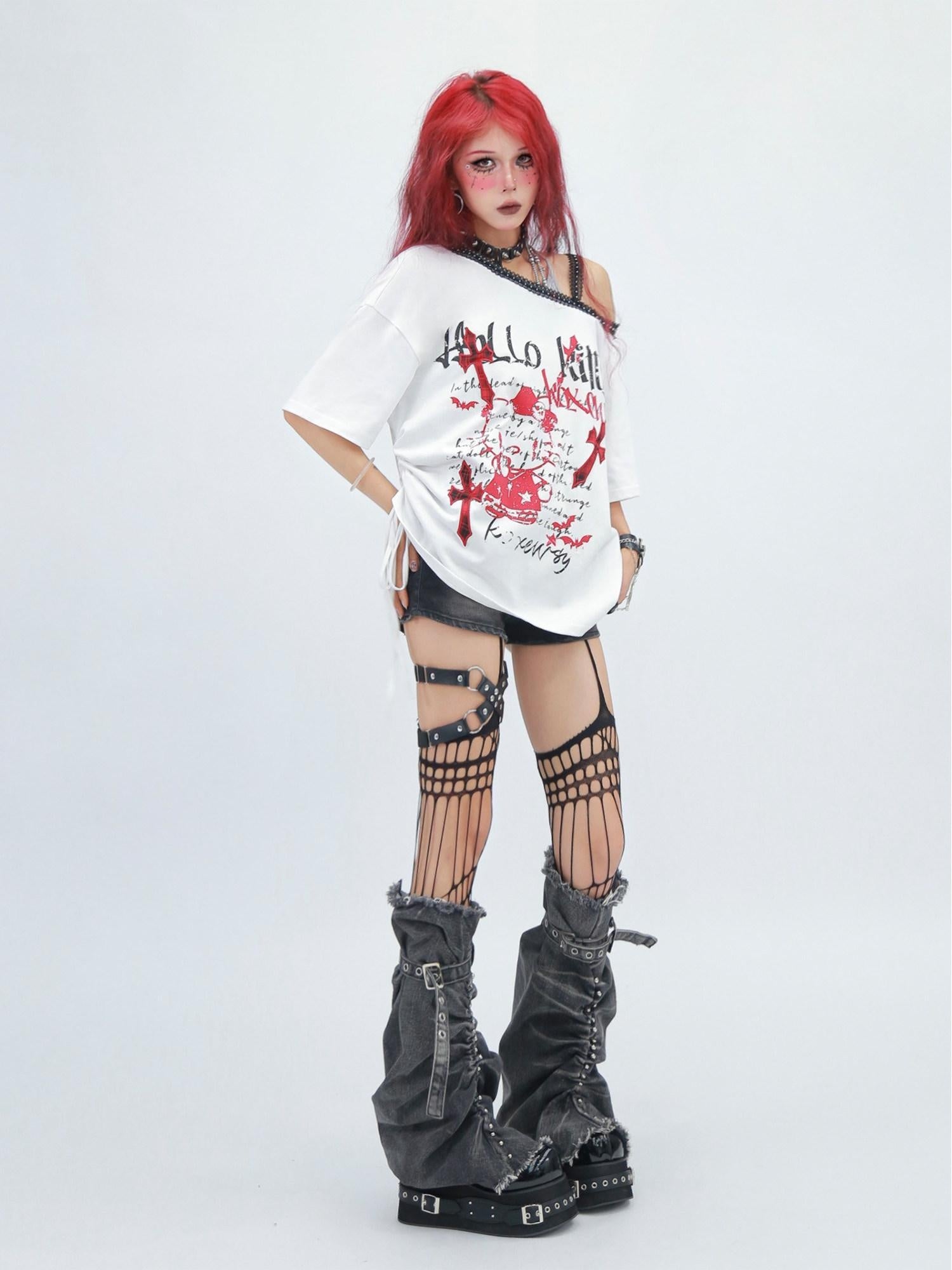 NANAICHILLI Printed Creative Streetwear Loose Fit Crewneck Cotton Black T-Shirt