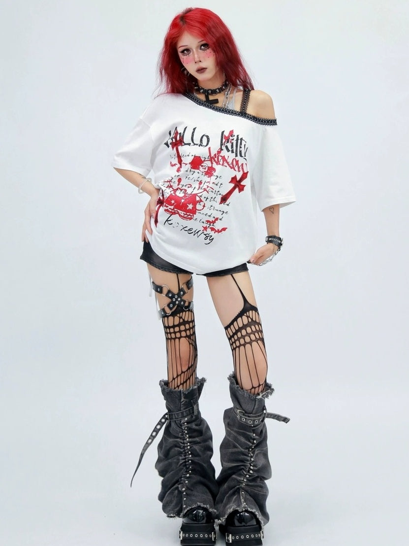 NANAICHILLI Printed Creative Streetwear Loose Fit Crewneck Cotton Black T-Shirt