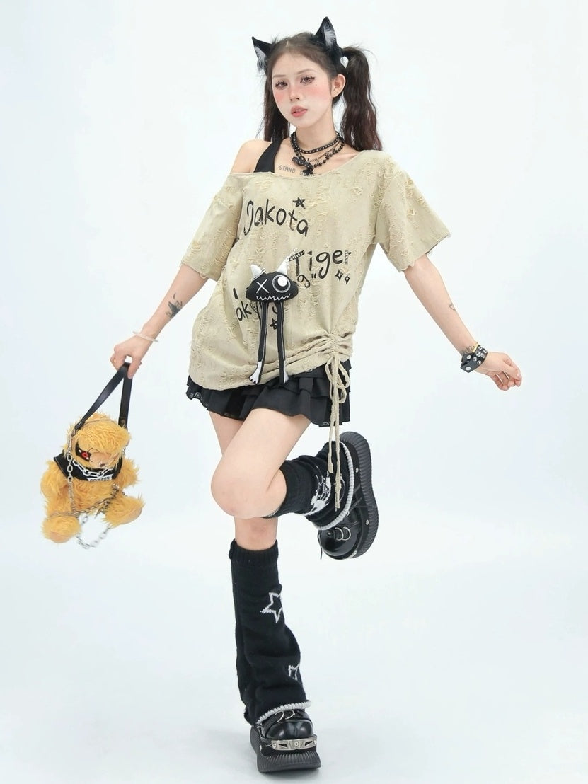 NANAICHILLI Quick Dry Creative Print Loose Fit Street Asymmetrical Neck Youth T-Shirt