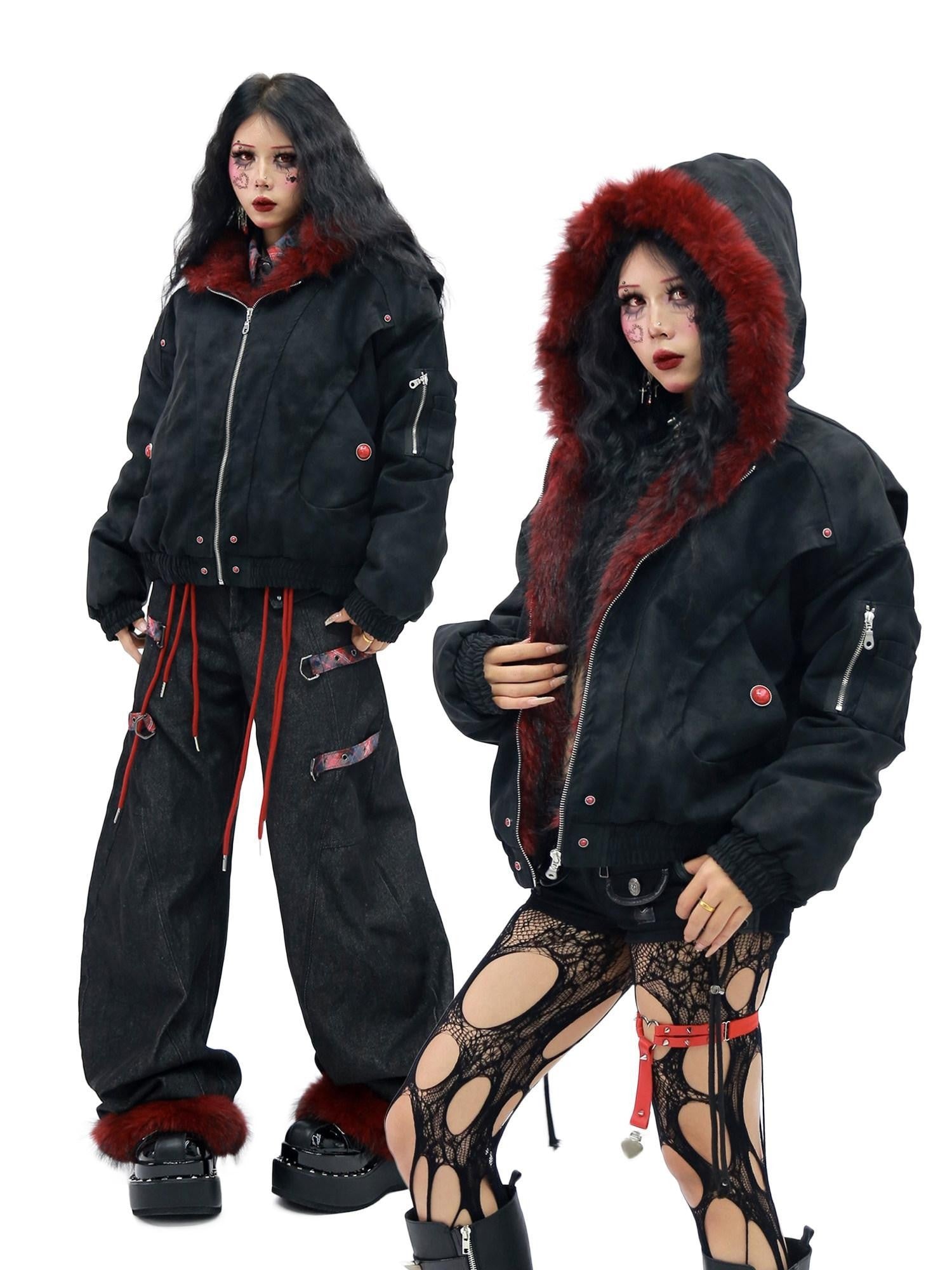 NANAICHILLI Red Fur Collar Hooded Loose Fit Women&