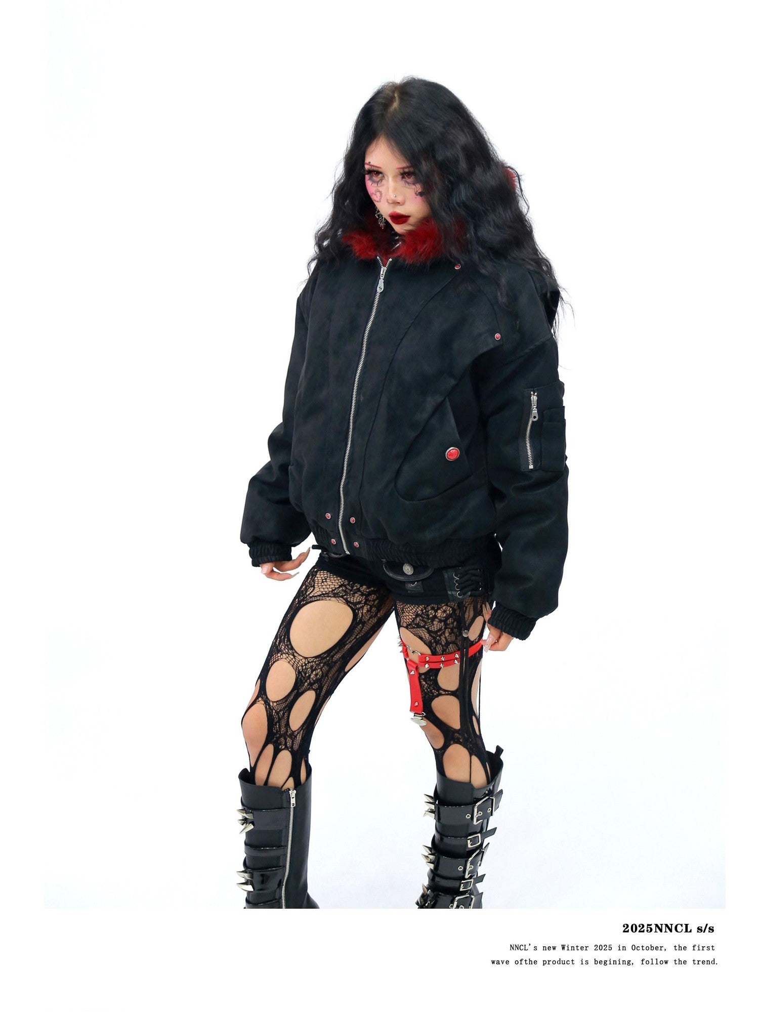 NANAICHILLI Red Fur Collar Hooded Loose Fit Women&