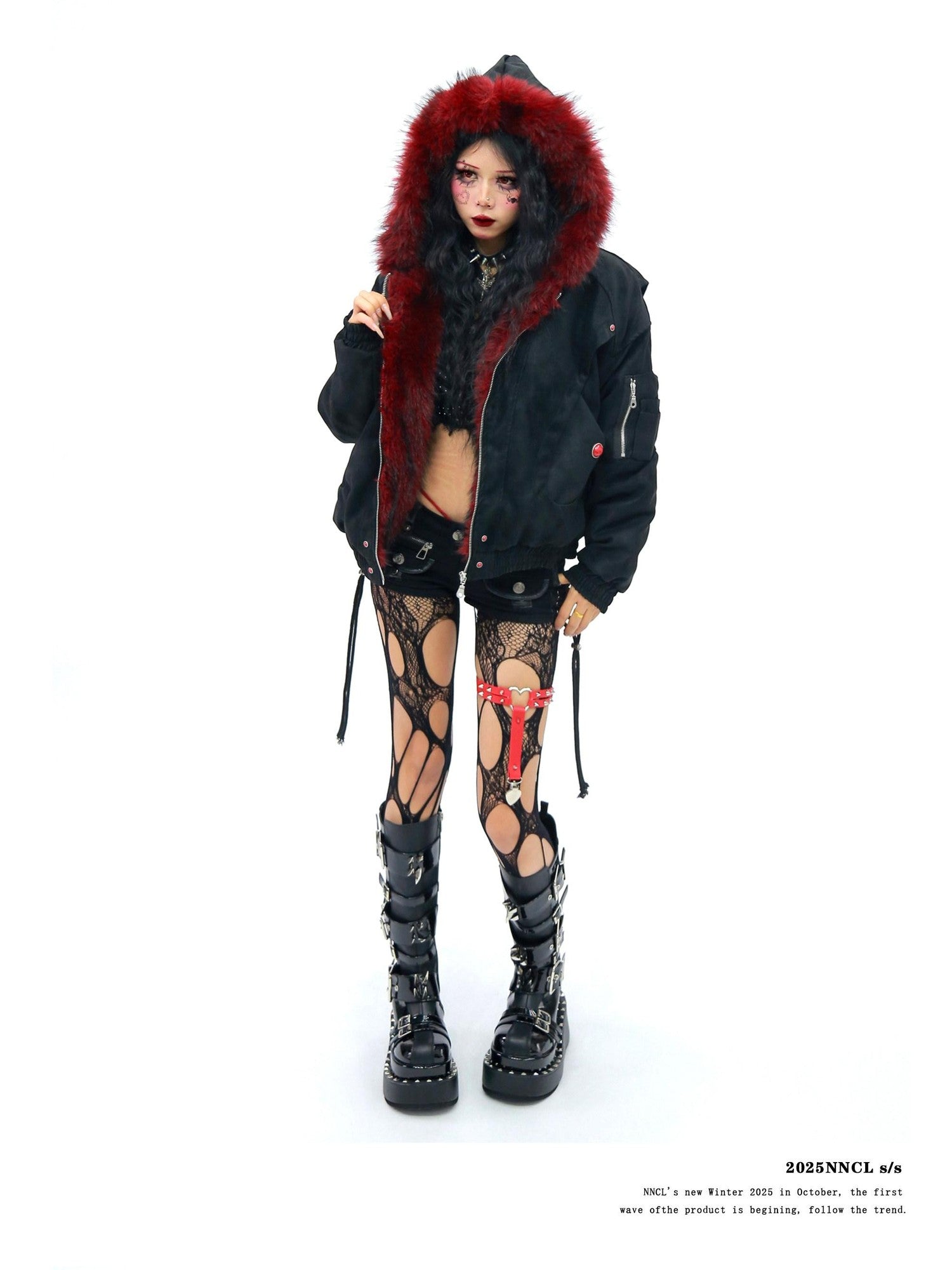 NANAICHILLI Red Fur Collar Hooded Loose Fit Women&