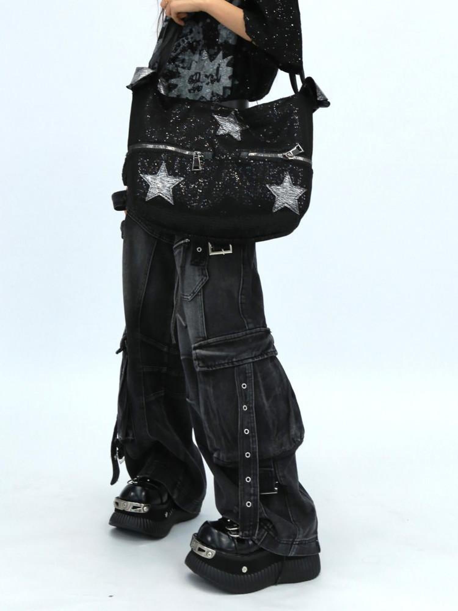 NANAICHILLI Shiny Sequin Modern Unisex Bucket Tote Casual Black Polyester Bag