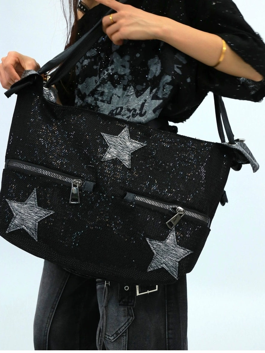 NANAICHILLI Shiny Sequin Modern Unisex Bucket Tote Casual Black Polyester Bag