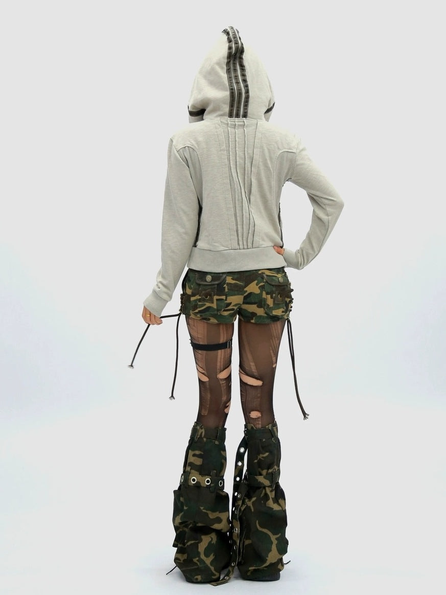 NANAICHILLI Slimming Cotton Blend Hooded Zip Cropped Cinched Waist Women Utility Jacket